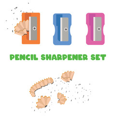 Pencil sharpener vector set. Object with a blade inside to make a pencil sharp. Pencil shavings. Pencil waste. Back to school concept. School supplies vector. Flat and 3D vector in cartoon style.