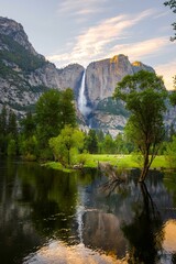 Springtime Splendor: Captivating 4K View of Yosemite Falls from Merced River, California, USA