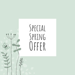 Special Spring Offer - Schriftzug in englischer Sprache - Spezielles Frühlingsangebot. Verkaufsplakat mit floralem Design in Pastellgrün.