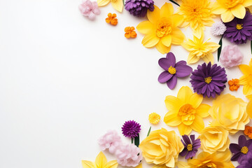 Yellow and purple flowers on white background, Spring, easter concept, Flat lay, top view, copy space, aesthetic look