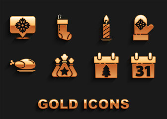 Set Santa Claus bag gift, Christmas mitten, Calendar, Roasted turkey or chicken, Burning candle in candlestick, Snowflake with speech bubble and stocking icon. Vector