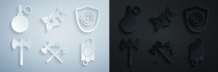 Set Crossed medieval axes, Target sport, Medieval, dynamite stick and timer clock, Japanese ninja shuriken and Hand grenade icon. Vector