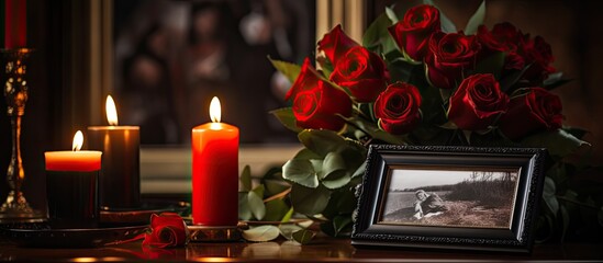 A funeral home table is adorned with a black photo frame containing burning candles and a red - obrazy, fototapety, plakaty