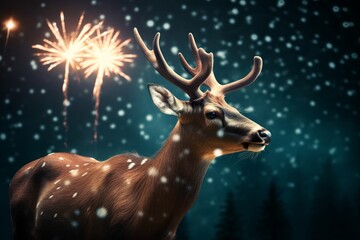 Funny deer celebrating with New Year's Eve fireworks. Generative AI