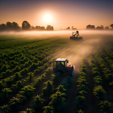 Cultivating agricultural marijuana,  marijuana field farming, tractors harvesting marijuanas. Ai image.