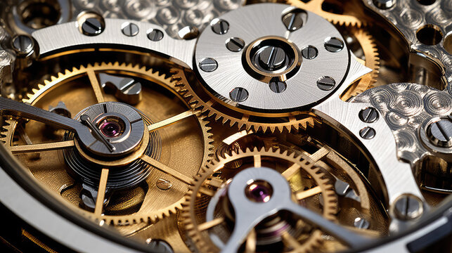 Closeup of clock mechanism gears, time and deadline concept background