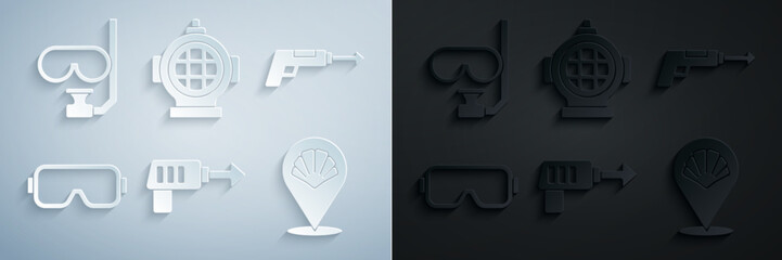 Set Fishing harpoon, Diving mask, Scallop sea shell, Aqualung and and snorkel icon. Vector