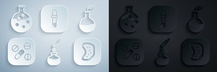 Set Test tube and flask, Plant breeding, Medicine pill or tablet, Bacteria, Pipette and icon. Vector