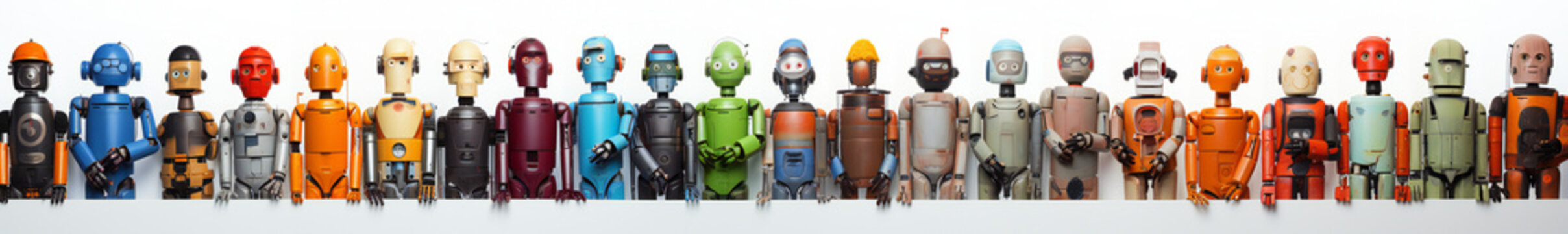 A row of funny Robots, lined up, cartoon, fantasy, fun, happy, friendly