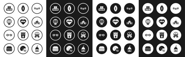 Set Carnival garland with flags, USA Independence day, Medal star, Vote box, United States Capitol Congress, American Football ball, and Glasses stars icon. Vector
