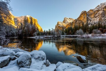 Winter's Serenity: Post-Snowstorm Yosemite National Park Views from Merced River, California, USA,...