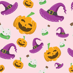 halloween seamless pattern pumpkin potion 
witch hat for background