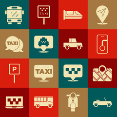 Set Car, Gps device with map, City navigation, High-speed train, Location taxi, Taxi call telephone service, Bus and icon. Vector
