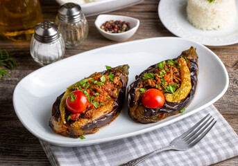 Traditional delicious Turkish food; Meat and Eggplant dish, (Turkish name; Karniyarik)
