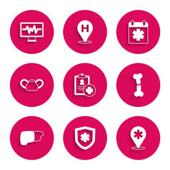 Set Patient record, Life insurance, Location hospital, Human broken bone, organ liver, Medical protective mask, Doctor appointment and Monitor with cardiogram icon. Vector