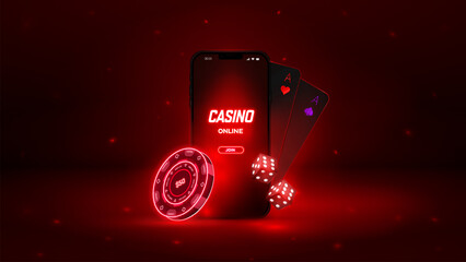 Casino online, red banner. Glowing poker chips and playing cards. Online Casino Mobile Application, advertising banner. Vector illustration