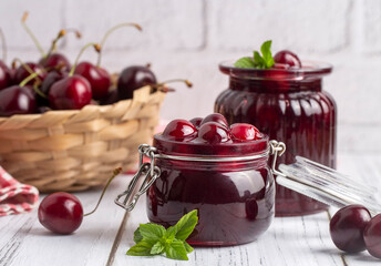 Fresh organic cherries - cherries and cherries in jars - sour cherry jam