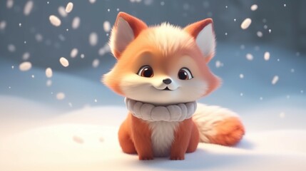 Fototapeta premium cute red fox baby cartoon dreamlike in snow winter gen.Generative AI