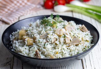 Traditional delicious Turkish foods; Artichoke rice (Turkish name; Enginarli pirinc pilavi)