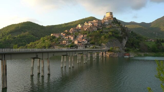 Panoramic sight in Castel di Tora with Lake Turano, beautiful village in the Province of Rieti. Lazio, Italy.