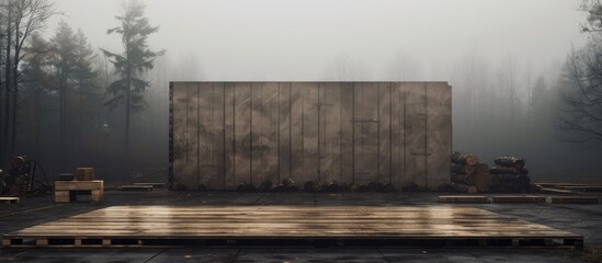 An empty wooden pallet is propped up against the wall of a warehouse in a field adjacent to