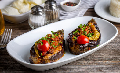 Traditional delicious Turkish food; Meat and Eggplant dish, (Turkish name; Karniyarik)