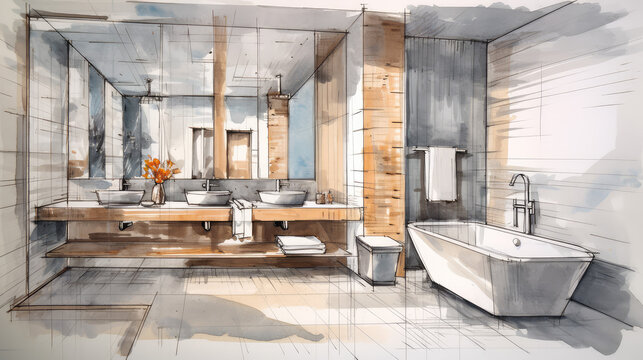 Architectural linear sketch bathroom interior front Stock Vector by  ©Tanok911 164737298