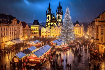 Obraz premium Weihnachtsmarkt auf dem Marktplatz in Prag, Tschechische Republik, Generative AI