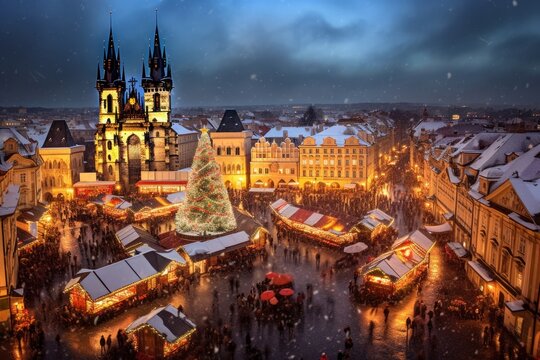 Weihnachtsmarkt auf dem Marktplatz in Prag, Tschechische Republik, Generative AI