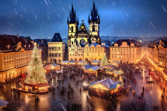 Weihnachtsmarkt auf dem Marktplatz in Prag, Tschechische Republik, Generative AI