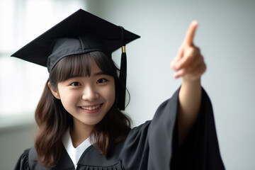 Young happy woman university graduate in graduation gown and cap in white background. Cheerful girl in graduation costume showing smiling at camera. Generative AI.