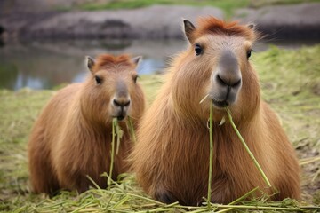 Fototapeta premium Two Capybara eating grass together, Generative AI