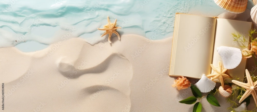 Poster a book for writing with a summer beach theme and accessories, with space to write. flat lay