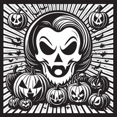 Halloween background with pumpkins and scary skull. Vector illustration.