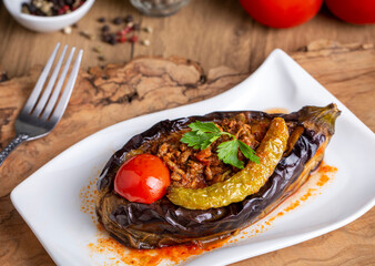 Traditional delicious Turkish food; Meat and Eggplant dish, (Turkish name; Karniyarik)