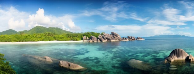 Panorama auf den Seychellen, La Digue, Afrika, Generative AI