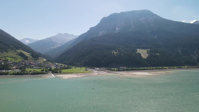Lake Reschensee in Tirol with the sunken church tower