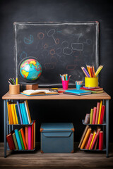 Desk in front of the blackboard with nooks, pencils and fruit. Back to school concept. High quality photo