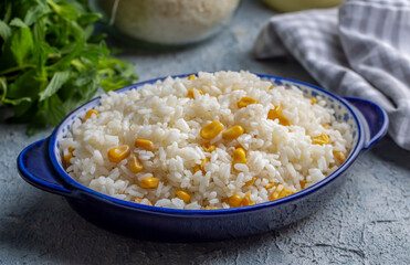 Corn rice in a rice bowl (Turkish name; misirli pilav)