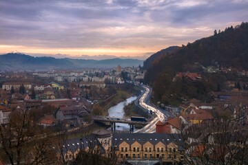 Fototapeta premium Aerial view of the stunning architecture skyline of Sighisoara, Transilvania, Romania