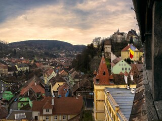 Aerial view of the stunning architecture skyline of Sighisoara, Transilvania, Romania