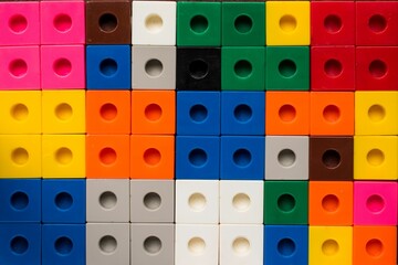 Arrangement of variously colored blocks forming a geometric pattern