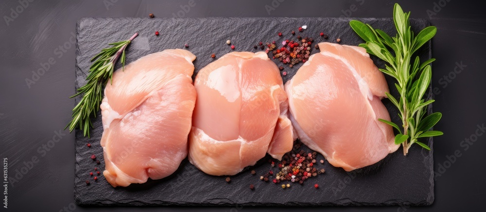 Poster Skinless chicken thighs placed on a stone background with empty space for text.