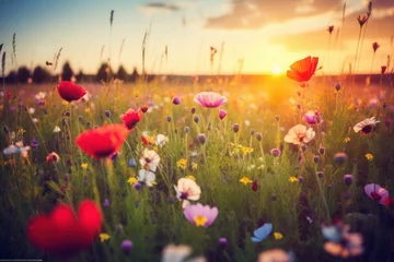 Fotobehang Beautiful flower meadow at sunset. Generative AI © Digi ART