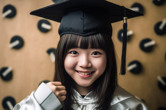 Imagination of the Young happy teenager girl university graduate in graduation gown in front of imagination background. Cheerful girl in graduation costume showing smiling at camera. Generative AI.