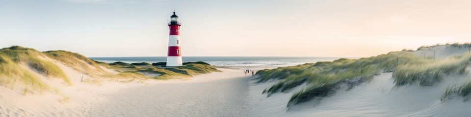 Panoramic view of a lighthouse standing at the coast of Sylt, North Sea, Germany, Generative AI