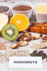 Inscription hashimoto with healthy eating for thyroid gland. Ingredients containing vitamins and minerals