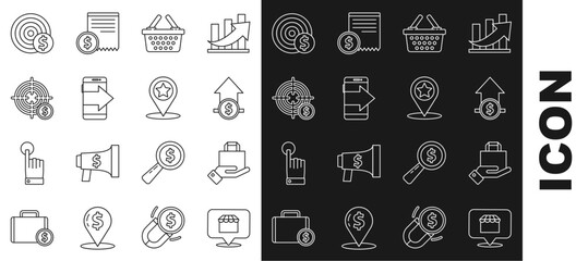 Set line Online shopping concept, Hand and paper bag, Financial growth coin, Shopping basket, Smartphone, mobile phone, Target with dollar symbol, and Map pointer star icon. Vector
