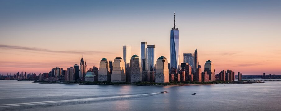 One World Trade Center and skyline of Manhattan in New York City, USA, Generative AI