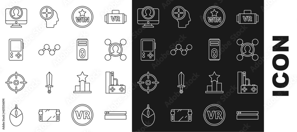 Poster set line video game console, game with joystick, share, medal, portable video, create account screen